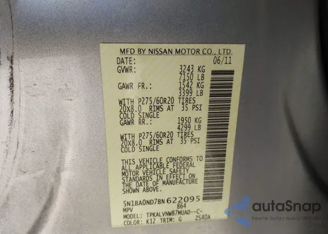 2011 Nissan Armada Sl from USA, damaged, VIN 5N1BA0ND7BN622095